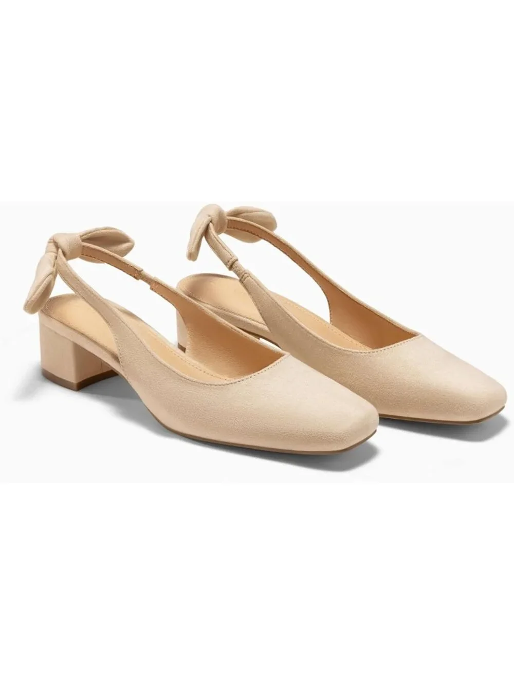 Women's Apricot Faux Suede Chunky Low Heels Bow Slingback Closed Square Toe Pump